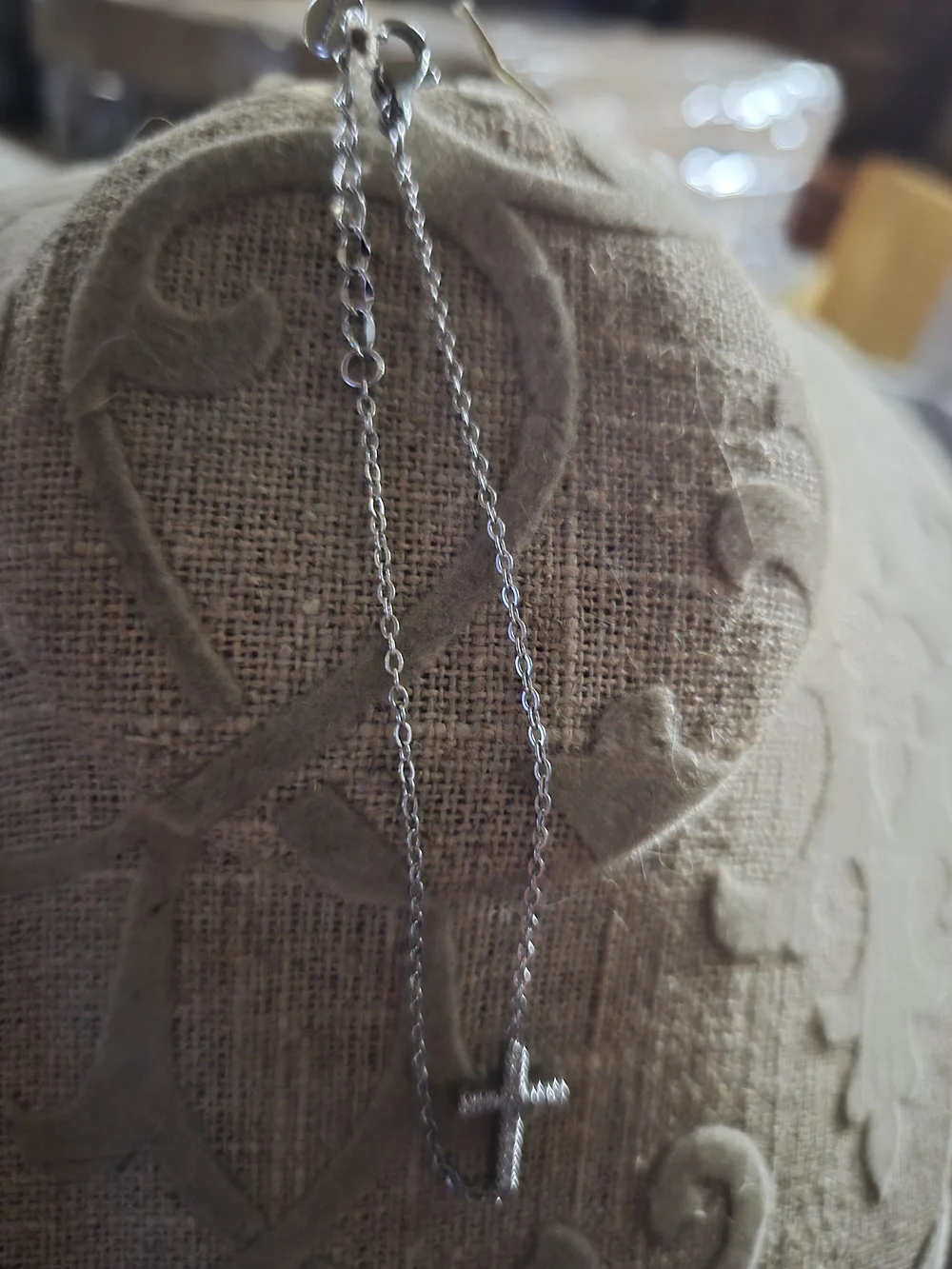 Sterling Silver Cross Bracelet with Clear Stones - Silver